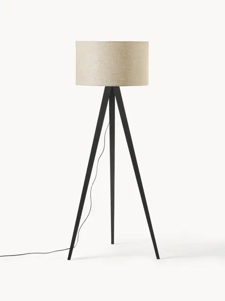 Tripod vloerlamp Jake van massief hout, Lampenkap: linnen, Lampvoet: essenhout, FSC-gecertific, Beige, zwart, H 150 cm