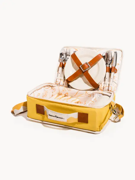 Picknick-Set Retro, Tasche: 50 % Baumwolle, 25 % Poly, Sonnengelb, Weiß, Braun, B 36 x H 13 cm