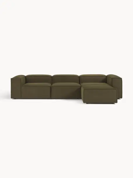 Canapé modulable 4 places en tissu bouclé avec pouf Lennon, Bouclé vert olive, larg. 327 x prof. 207 cm