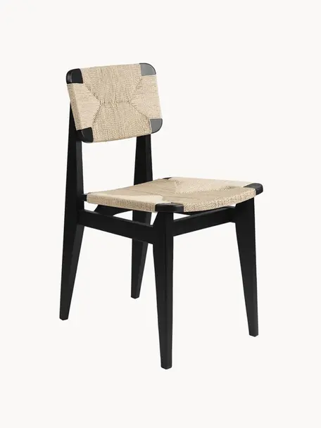 Holzstuhl C-Chair aus Eichenholz mit geflochtener Sitzfläche, Gestell: Eichenholz, lackiert, Eichenholz schwarz lackiert, Hellbeige, B 41 x T 53 cm