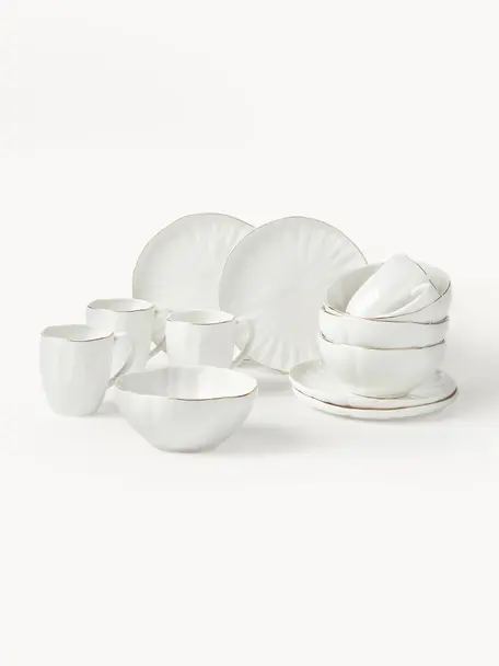 Frühstücks-Set Sali mit Relief, 4 Personen (12-tlg.), Porzellan, Weiß mit goldenem Rand, 4 Personen (12er-Set)
