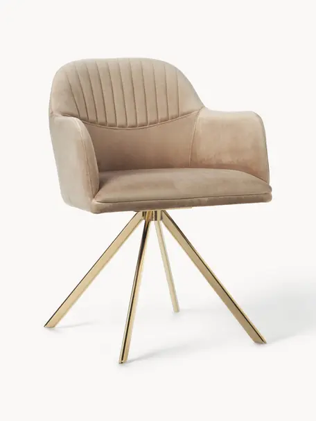 Samt-Drehstuhl Lola mit Armlehne, Bezug: Samtpolyester Der hochwer, Beine: Metall, galvanisiert, Samt Beige, Goldfarben, B 53 x T 55 cm