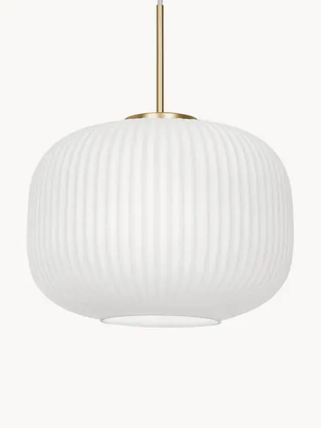 Lampada a sospensione in vetro opalino Milford, Paralume: vetro opalino, soffiato a, Baldacchino: metallo rivestito, Bianco, dorato, Ø 30 x Alt. 38 cm