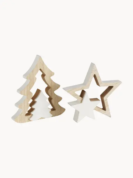 Décorations de Noël en bois Ilga, 2 élém., Bois, enduit, plastique, Beige, blanc, Lot de différentes tailles