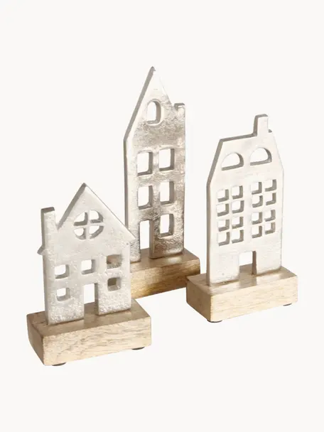 Figuras decorativas casas Hus, 3 uds., Madera de mango, metal, recubierto, Plateado, beige, Set de diferentes tamaños