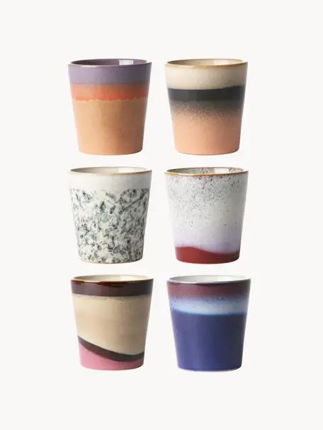 Handbemalte Keramik-Becher 70's mit reaktiver Glasur, 6er-Set, Keramik, Design 6, Ø 8 x H 8 cm, 180 ml