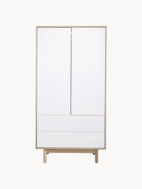 Kleiner Kleiderschrank Cassy, 2-türig, Beine: Eichenholz, massiv Dieses, Eichenholz, Weiß, B 100 x H 195 cm