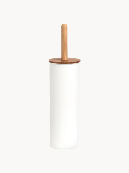 Toiletborstel Tallin, Houder: gecoat metaal, Deksel: bamboe, Wit, Ø 10 x H 38 cm
