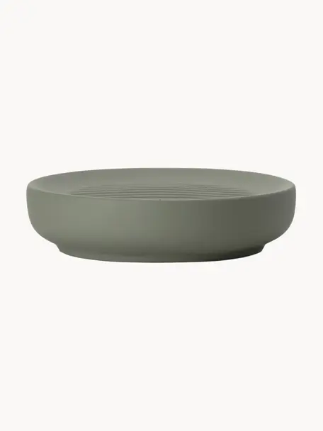 Porte-savon en porcelaine Ume, Céramique recouverte d'une surface Soft-Touch (plastique), Vert olive, Ø 12 x haut. 3 cm