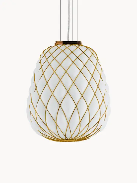 Handgemaakte hanglamp Pinecone, Lampenkap: glas, gegalvaniseerd meta, Wit, goudkleurig, Ø 50 x H 52 cm