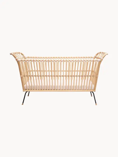 Handgefertigtes Babybett Frederick aus Rattan, Beine: Stahl, beschichtet, Füße: Mangoholz, Matratze: Kokoskern, Schafwolle, Ba, Beige, Off White, B 60 x L 120 cm