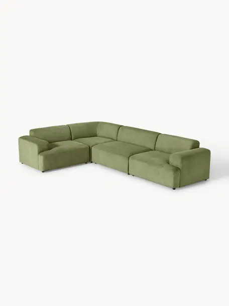 Grosses Ecksofa Melva (4-Sitzer) aus Cord, Bezug: Cord (92 % Polyester, 8 %, Gestell: Massives Kiefernholz, Spe, Cord Olivgrün, B 339 x T 220 cm, Eckteil links