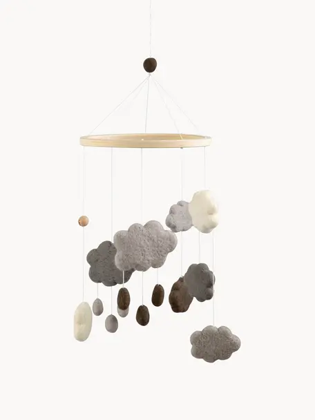 Mobile pour bébé artisanal Clouds, Tons gris et bruns, Ø 22 x haut. 57 cm