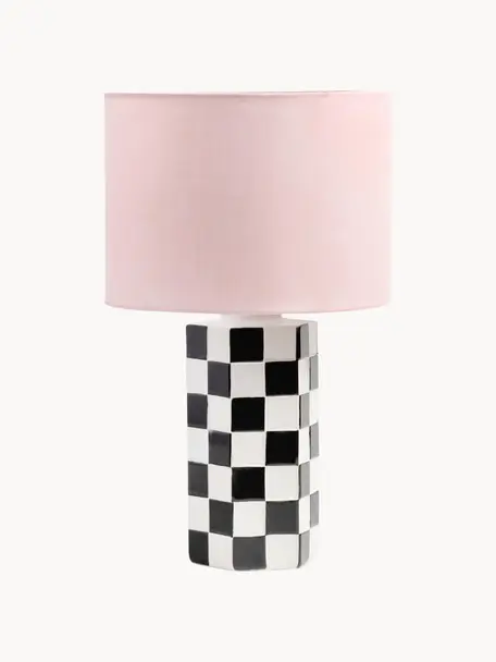 Lampe à poser motif à damier Check, Rose pastel, blanc, noir, Ø 25 x haut. 42 cm