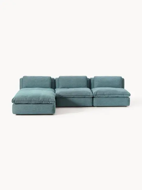 Modulares Ecksofa Felix mit Hocker, Bezug: 100 % Polyester Der strap, Gestell: Massives Kiefern- und Fic, Füße: Kunststoff Dieses Produkt, Webstoff Türkisgrün, B 300 x T 210 cm