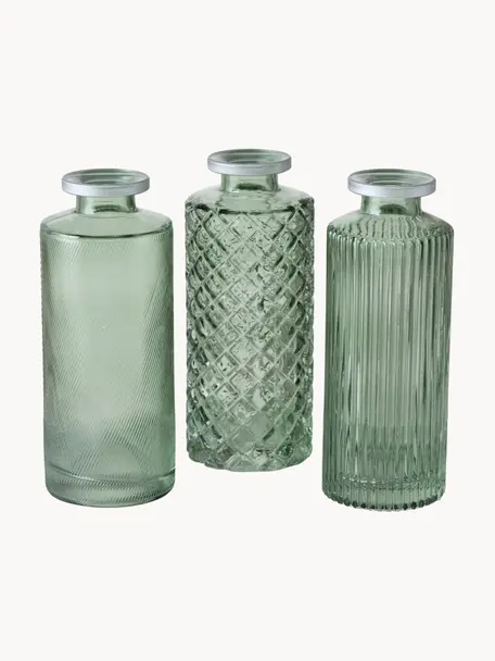 Set de jarrones pequeños de vidrio Adore, 3 uds., Vidrio tintado, Verde transparente, plateado, Ø 5 x Al 13 cm