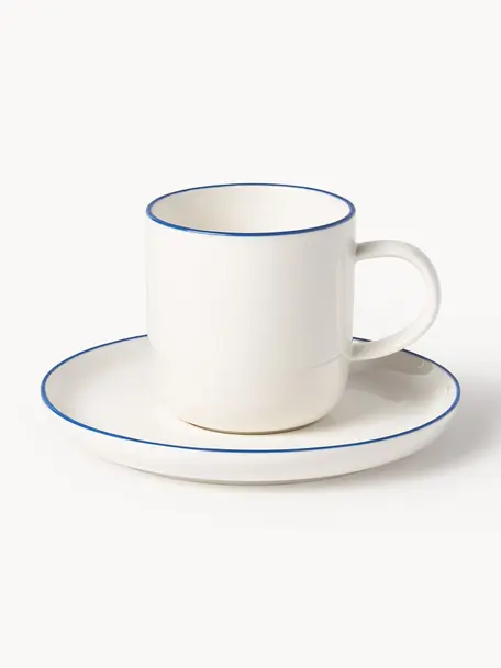 Tazze da caffè con piattino in porcellana Facile 2 pz, Porcellana solida di alta qualità (ca. 50% caolino, 25% quarzo e 25% feldspato), Bianco latte con bordo blu scuro, Ø 8 x Alt. 8 cm, 270 ml