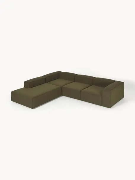 Narożna sofa modułowa Bouclé XL Lennon, Tapicerka: Bouclé (100% poliester) D, Stelaż: lite drewno sosnowe, skle, Nogi: tworzywo sztuczne Ten pro, Oliwkowozielony Bouclé, S 329 x G 269 cm, lewostronna