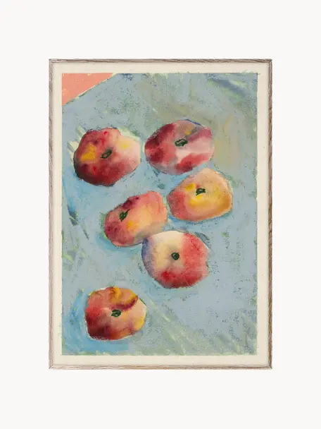 Poster Peaches, Cartoncino opaco da 210 g firmato Hahnemühle, stampa digitale con 10 colori resistenti ai raggi UV, Tonalità azzurre, arancioni e rosse, Larg. 30 x Alt. 40 cm