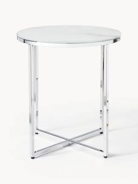 Table d'appoint ronde avec plateau en verre aspect marbre Antigua, Blanc aspect marbre, gris chrome, Ø 45 x haut. 50 cm
