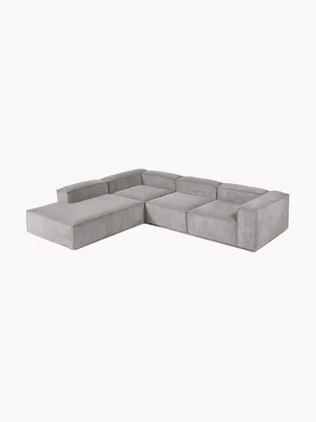 Modulares XL-Ecksofa Lennon aus Cord, Bezug: Cord (92 % Polyester, 8 %, Gestell: Massives Kiefernholz FSC-, Füße: Kunststoff, Cord Hellgrau, B 329 x T 269 cm, Eckteil links