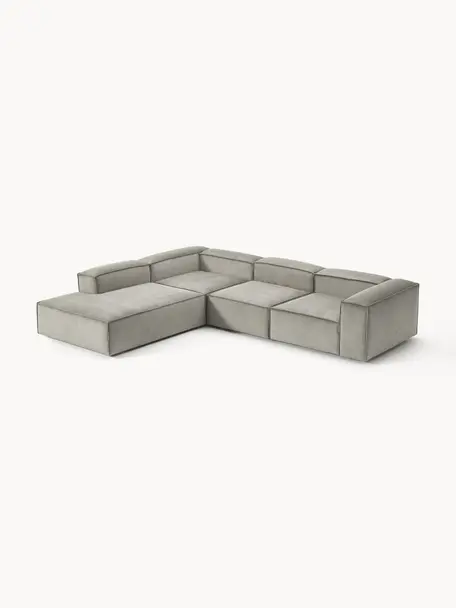 Modulares XL-Ecksofa Lennon aus Cord, Bezug: Cord (92 % Polyester, 8 %, Gestell: Massives Kiefernholz, Spe, Füße: Kunststoff Dieses Produkt, Cord Grau, B 329 x T 269 cm, Eckteil links