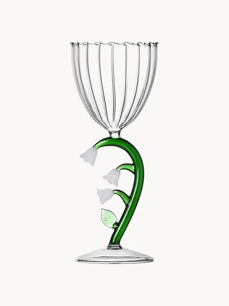 Handgefertigtes Weissweinglas Botanica, Borosilikatglas, Transparent, Grün, Weiss, Ø 9 x H 20 cm, 280 ml