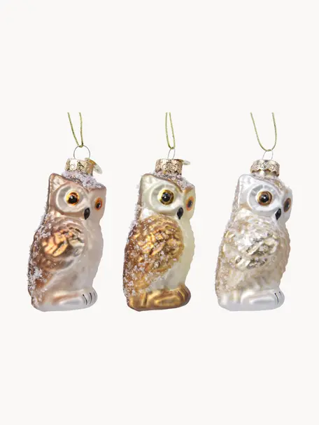 Décorations de sapin de Noël Owls, 3 élém., Beige, doré, blanc, Ø 4 x haut. 9 cm