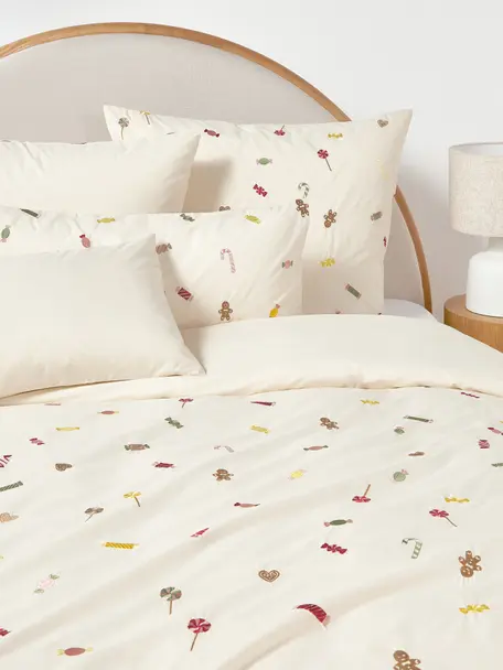 Housse de couette en percale de coton avec broderie de Noël Lolly, Blanc cassé, multicolore, larg. 200 x long. 200 cm