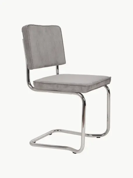 Sillas cantilever de pana Kink, 2 uds., Tapizado: pana (88% nylon, 12% poli, Estructura: metal cromado, Pana gris, plateado brillante, An 48 x F 48 cm