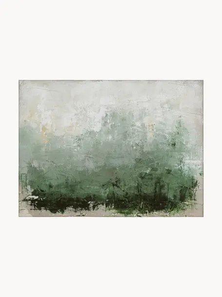 Handbeschilderde canvasdoek New Story met houten frame, Lijst: eikenhout, Groen- en beigetinten, B 120 x H 92 cm