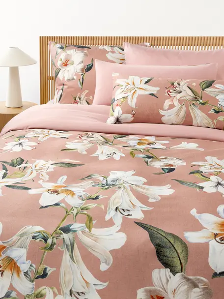 Funda nórdica de satén con estampado floral Flori, Rosa palo, multicolor, Cama 90 cm (155 x 220 cm)