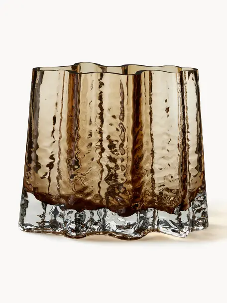 Ručně foukaná skleněná váza se strukturovaným povrchem Gry, V 19 cm, Ručně foukané sklo, Hnědá, poloprůhledná, Š 24 cm, V 19 cm