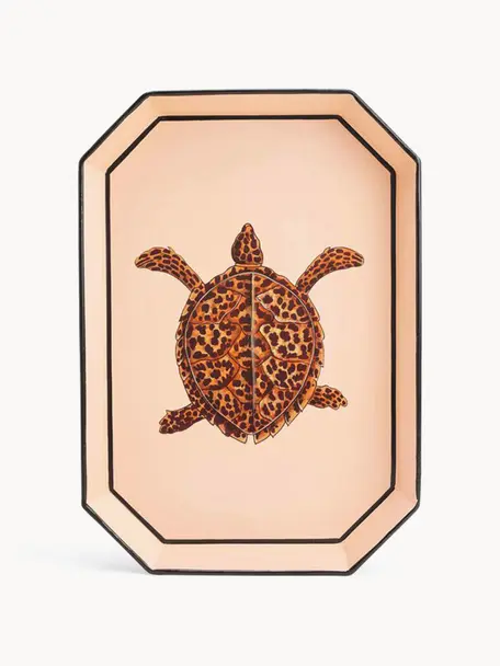 Plateau décoratif peint à la main avec motif de tortue Fauna, Fer, enduit, Pêche, tons bruns, larg. 30 x prof. 43 cm