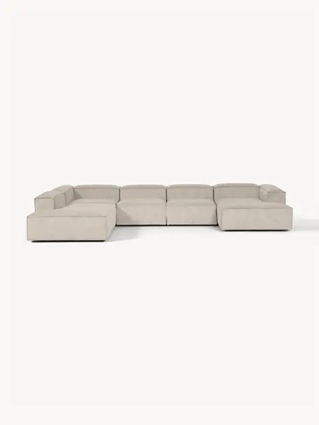 Sofá rinconera modular de pana Lennon, Tapizado: pana (92% poliéster, 8% p, Estructura: madera de pino maciza, ma, Patas: plástico Este producto es, Pana beige claro, An 418 x F 269 cm, chaise longue izquierda