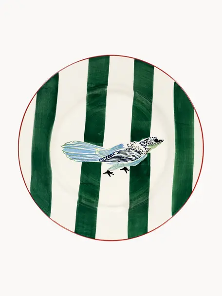Handbeschilderde dinerborden Love Bird, Keramiek, Gebroken wit, donkergroen, meerkleurig, Ø 29 cm