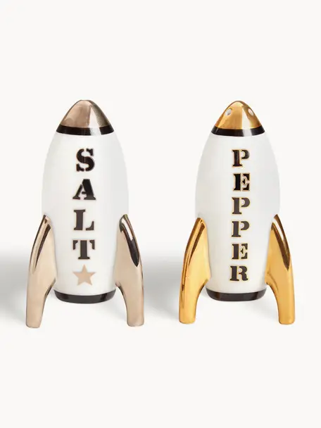 Design zout- en peperstrooier Apollo, vergulden, set van 2, Porselein, 24-karaats verguld, Wit, zilverkleurig, goudkleurig, B 5 x H 9 cm