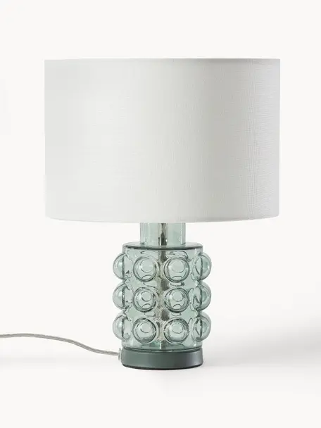 Kleine Tischlampe Olyve mit Glasfuß, Lampenschirm: 60 % Leinen, 40 % Baumwol, Lampenfuß: Glas, Weiß, Salbeigrün, Ø 23 x H 31 cm