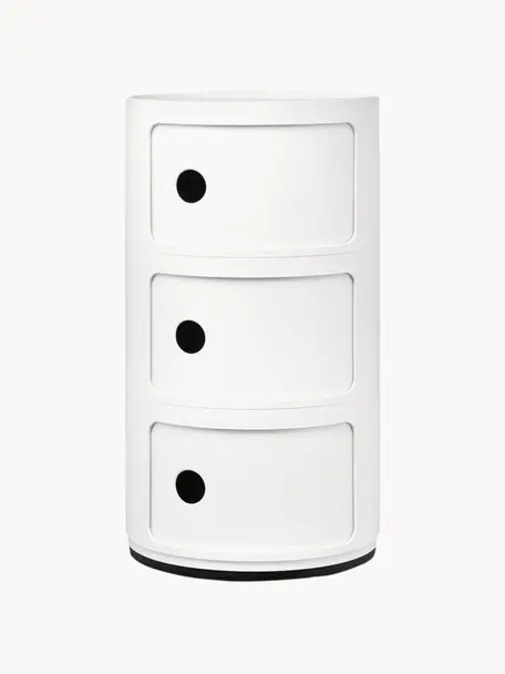 Mesa auxiliar de diseño Componibili, 3 módulos, Plástico (ABS) pintado con certificado Greenguard, Blanco brillante, Ø 32 x Al 59 cm