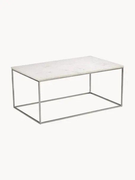 Marmor-Couchtisch Alys, Tischplatte: Marmor, Gestell: Metall, pulverbeschichtet, Weiß, marmoriert, Silberfarben, B 80 x T 45 cm