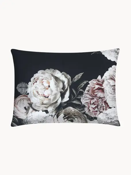 Taies d'oreiller en satin de coton Blossom, 2 pièces, 50 x 70 cm, Noir, motif floral, larg. 50 x long. 70 cm