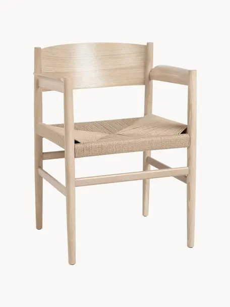 Chaise à accoudoirs artisanale avec assise tressée Nestor, Beige clair, bois de chêne, clair, larg. 56 x prof. 53 cm