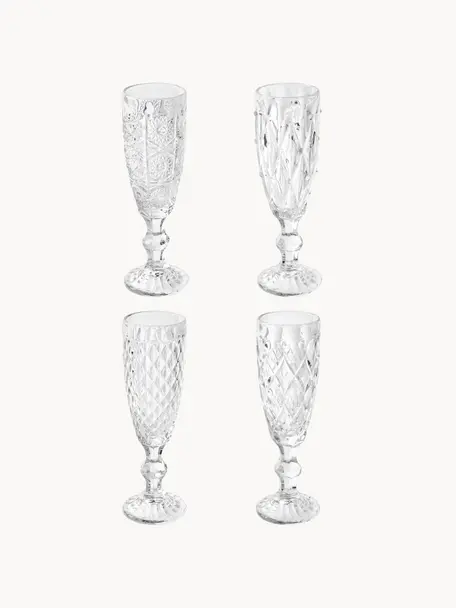 Set di 4 flute da champagne con motivo strutturato Geometric, Vetro, Trasparente, Ø 6 x Alt. 20 cm, 130 ml