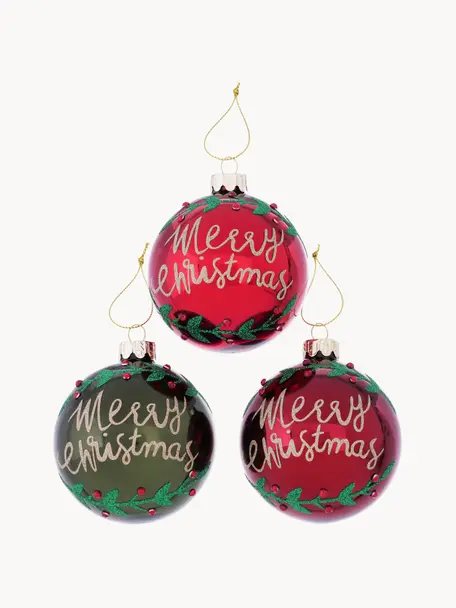Handgefertigte Weihnachtskugeln Merry, 12er-Set, Rot, Dunkelgrün, Ø 8 cm