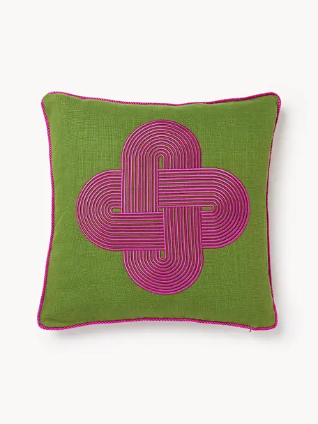 Linnen sierkussen Pompidou, Bekleding: 100% linnen, Decoratie: satijn (100 % katoen), Groen, roze, B 45 x L 45 cm