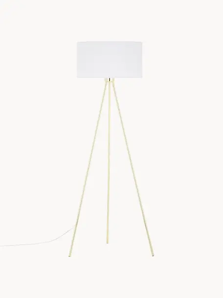 Tripod vloerlamp Cella met stoffen lampenkap, Lampenkap: katoenmix, Lampvoet: metaal, Wit, goudkleurig, H 147 cm