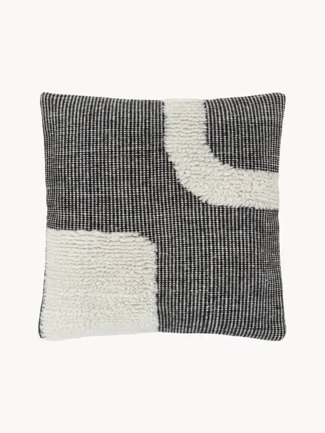 Housse de coussin 45x45 tissée main Laine, Noir, blanc crème, larg. 45 x long. 45 cm