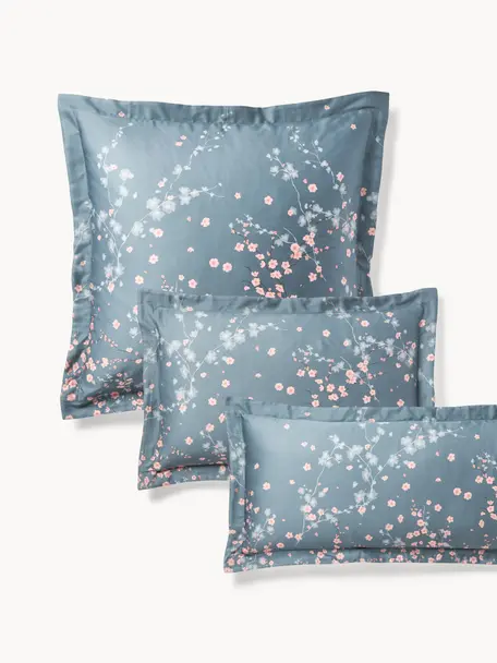 Funda de almohada de satén estampada Sakura, Azul, rosa claro, blanco, An 45 x L 110 cm