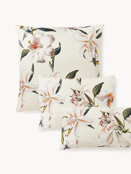 Katoensatijnen kussenhoes Flori met bloemenprint, Weeftechniek: satijn Draaddichtheid 210, Lichtbeige, meerkleurig, B 60 x L 70 cm