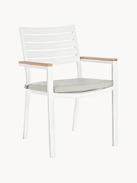 Silla con reposabrazos de jardín con cojín de asiento Belmar, Tapizado: 100% polipropileno, Estructura: aluminio con pintura en p, Reposabrazos: madera, Tejido beige claro, blanco, An 60 x L 58 cm